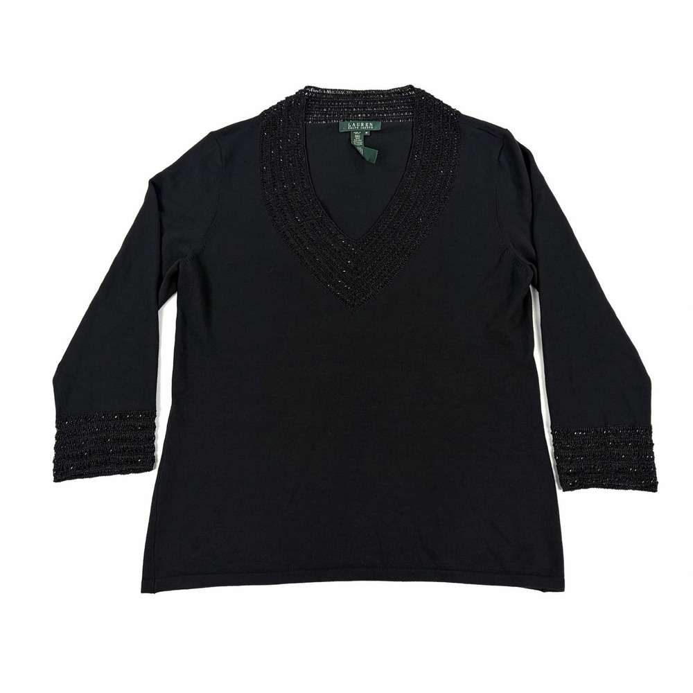 Lauren Ralph Lauren Black Beaded V Neck Sweater Silk Blend Knit Top Women's M
